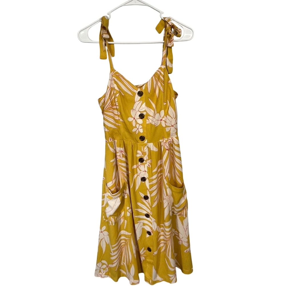 NWT LC Lauren Conrad Yellow Tropical Floral Button Front Tie Strap Dress Small